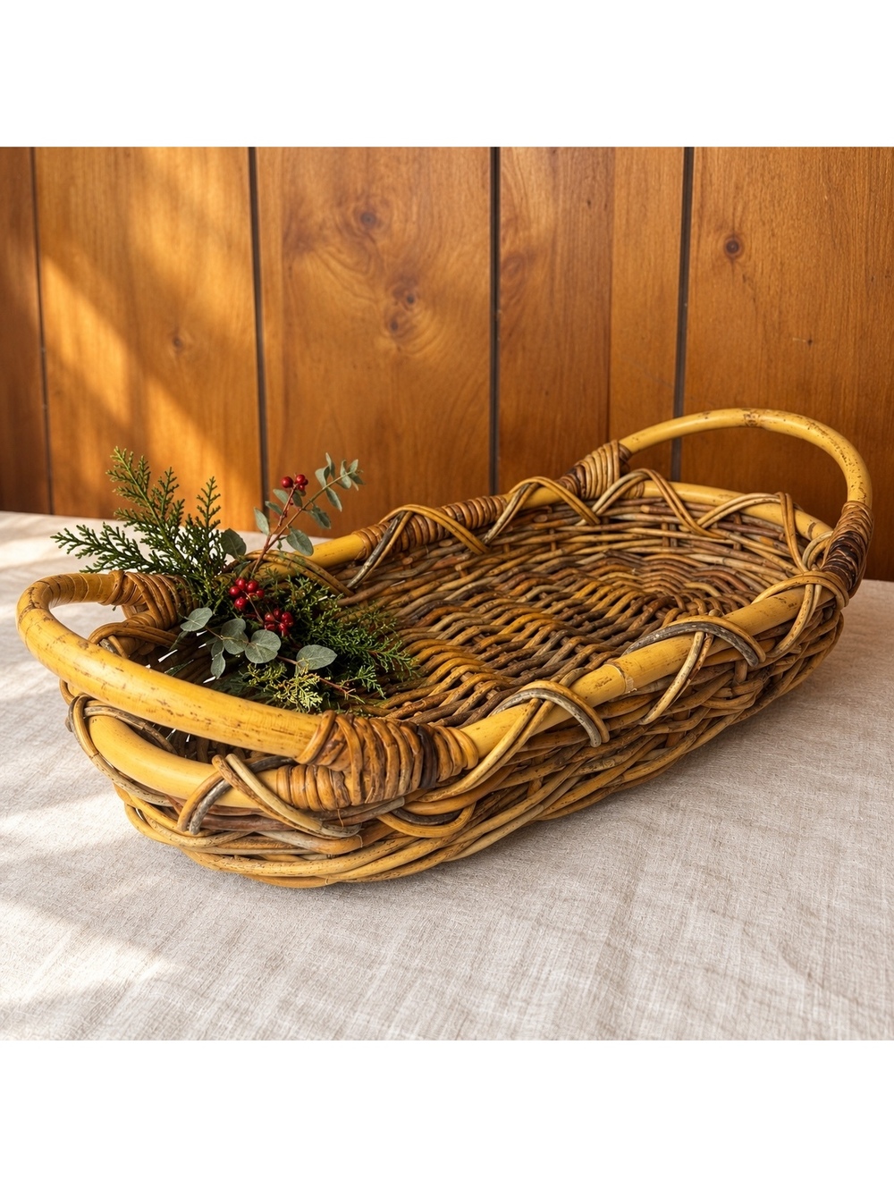 Vintage Woven Basket Tray With Handles Rustic Wicker Wall Decor 22 Inch